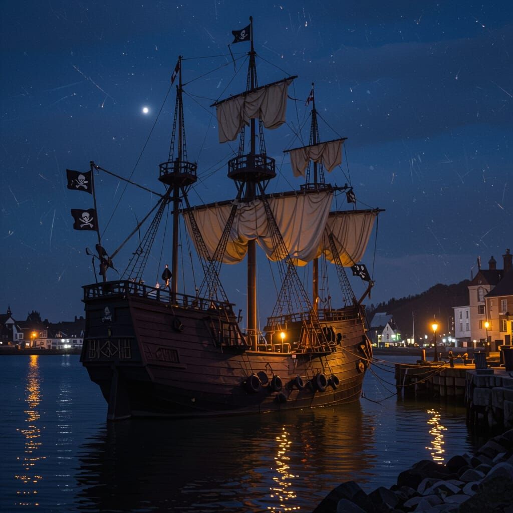 17th Century Pirate Ship in Port at Night