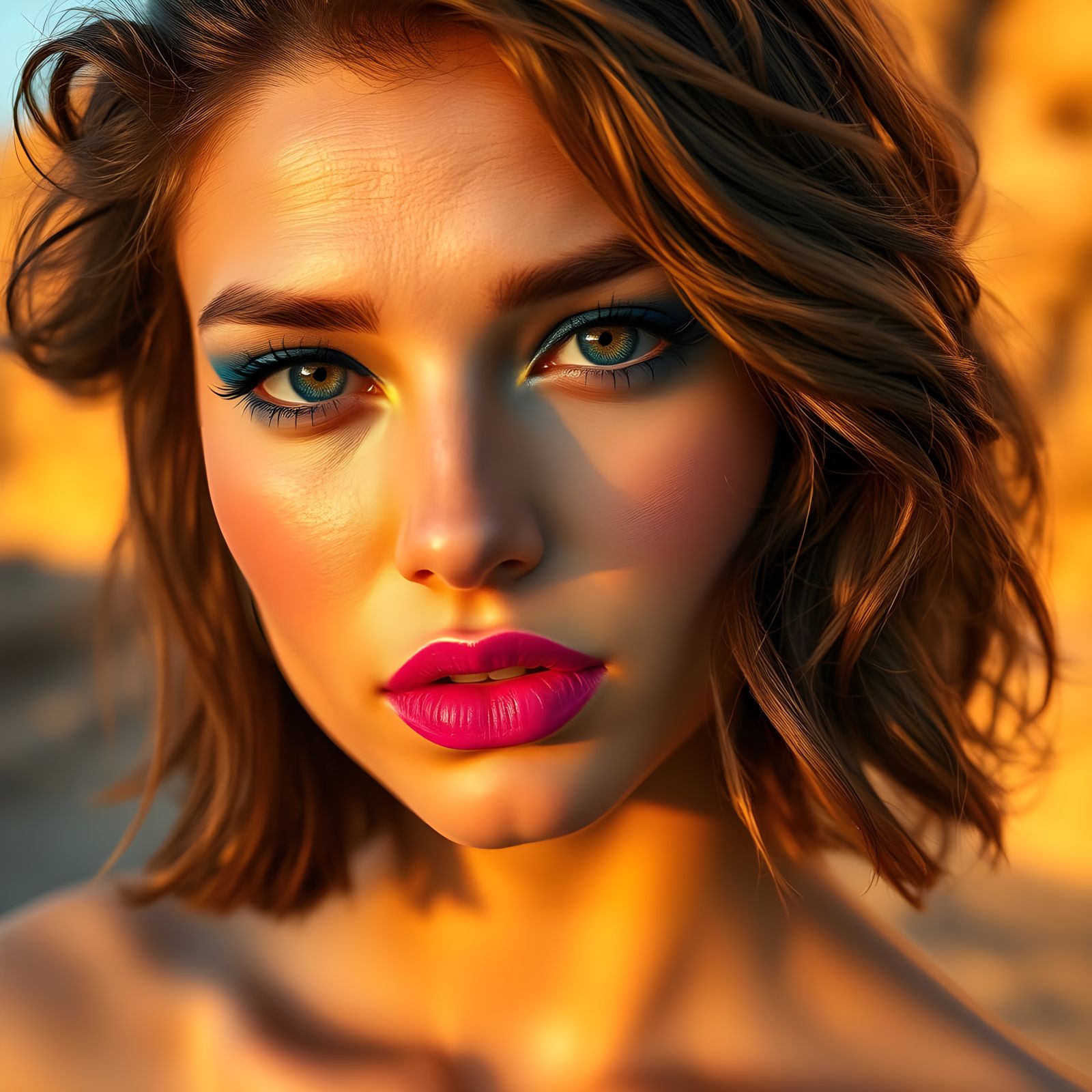Hyperrealistic Portrait of a Young Woman in Vibrant Makeup a...