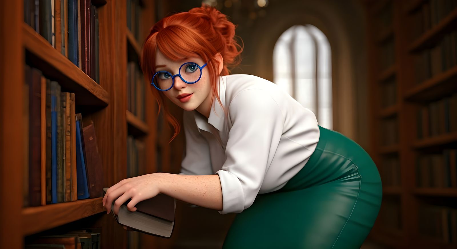 Pixar Style Librarian in Bright Library Setting