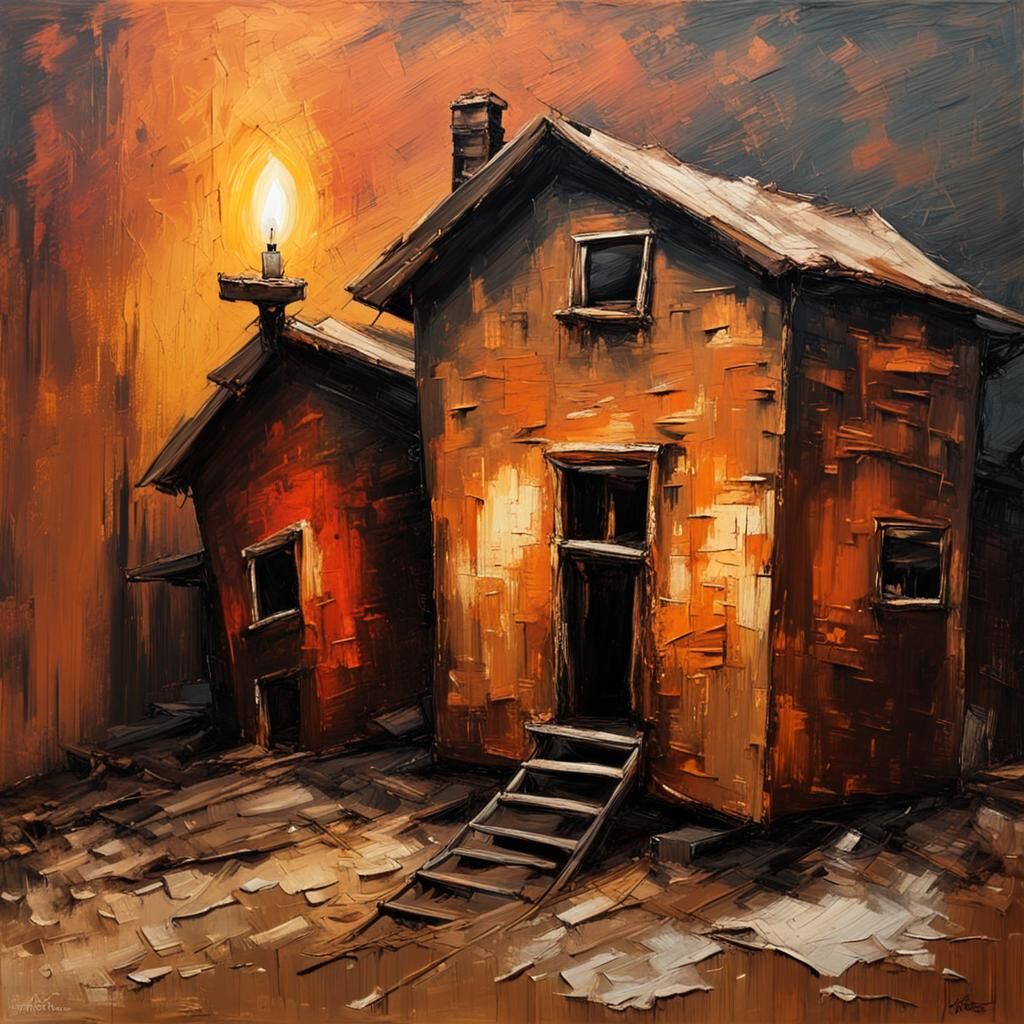 Refugee Camp: Impasto Oil Painting of Makeshift Homes