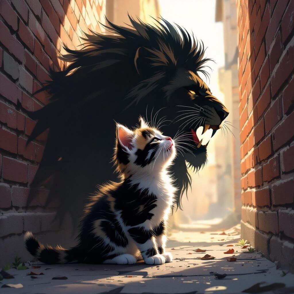 Blind Kitten's Shadow Becomes Lion in Alleyway Portrait