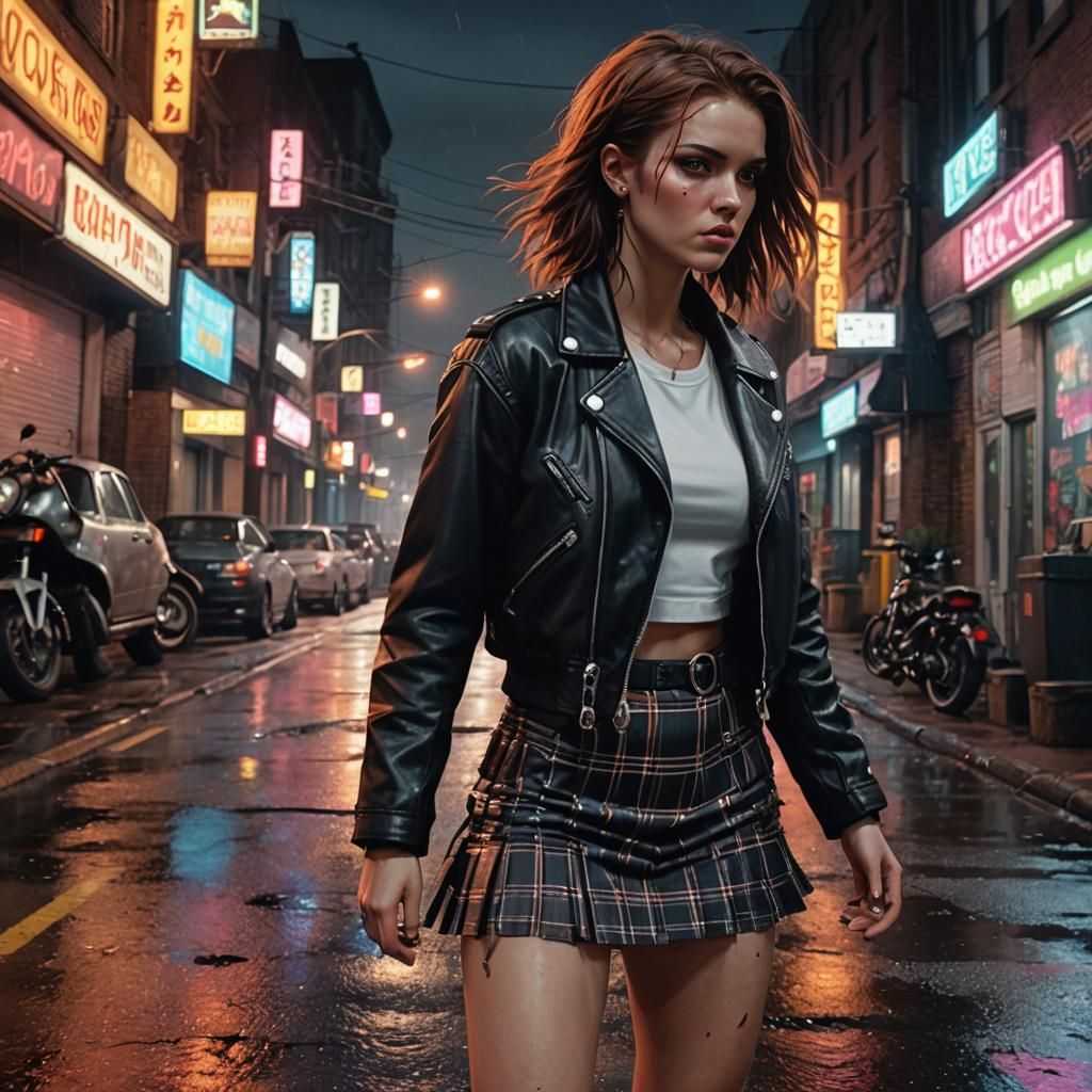 Midnight Prowl: Woman in City Street, Dark Fantasy Art