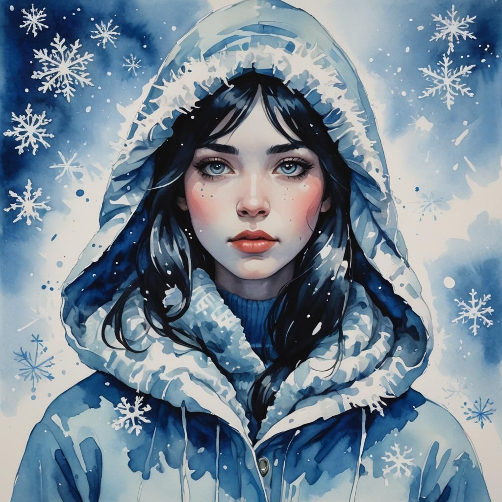 Girl in Snow, Gouache Watercolor Impressionist Style
