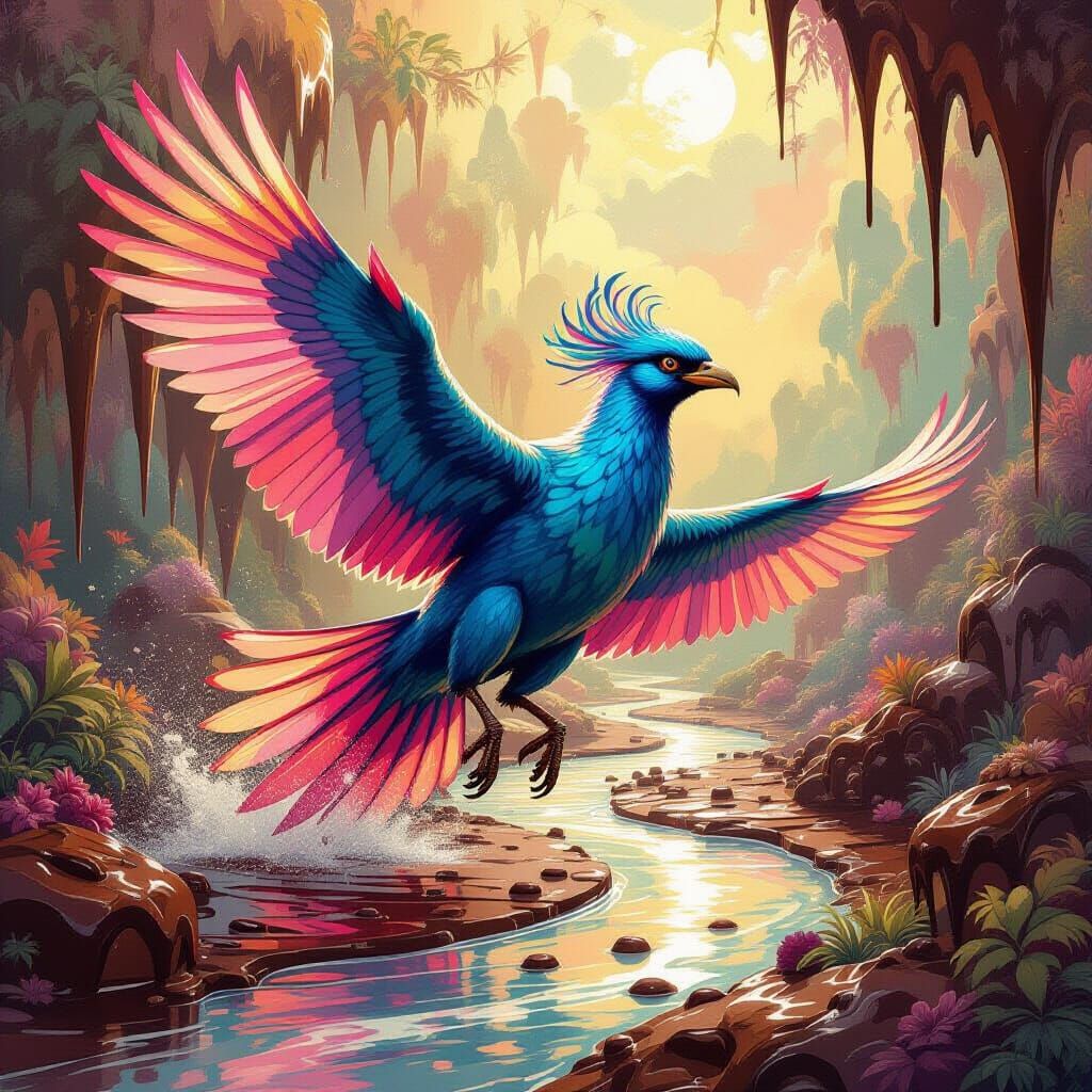 Giant Bird Flies Through Candy Wonderland as Gouache Art