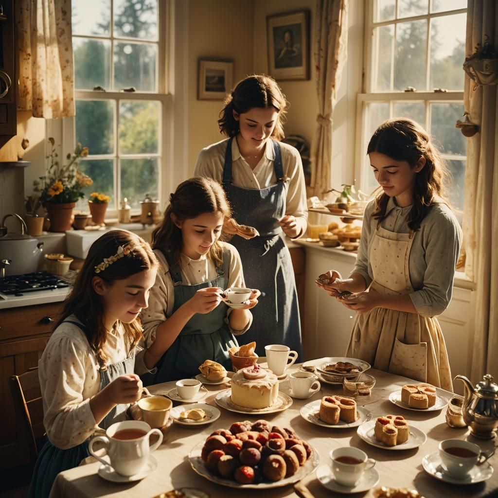 Friends Baking at Tea Party in Cinematic Style