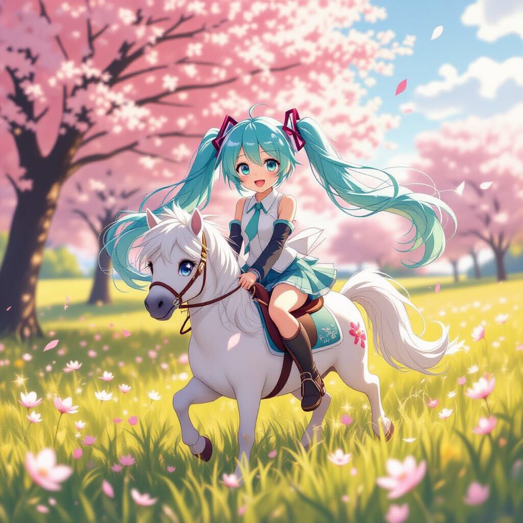 Hatsune Miku Rides a Fluffy Pony Through Cherry Blossoms