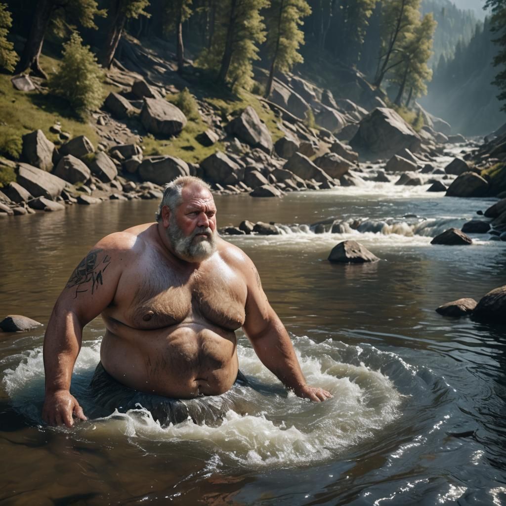 Hyperrealistic Mountain Man Bathing in River