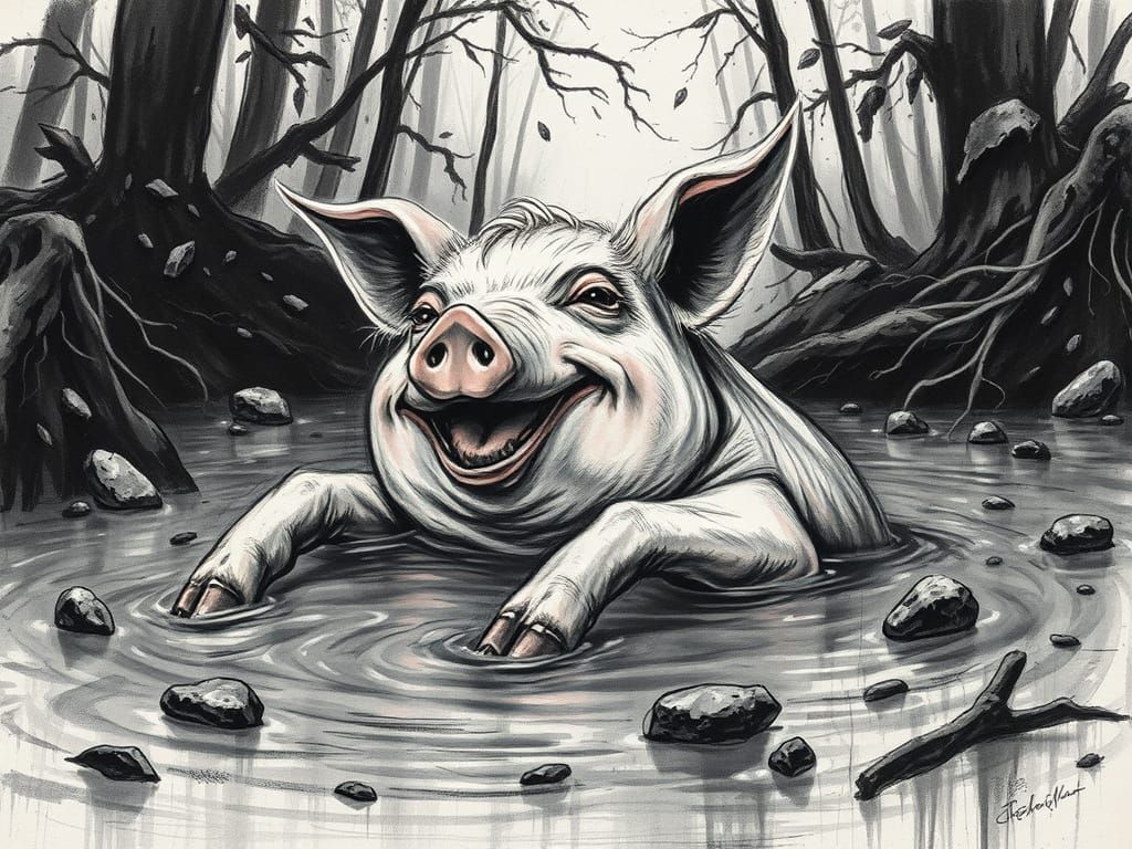 Pig in Mud: Expressionist Charcoal Drawing