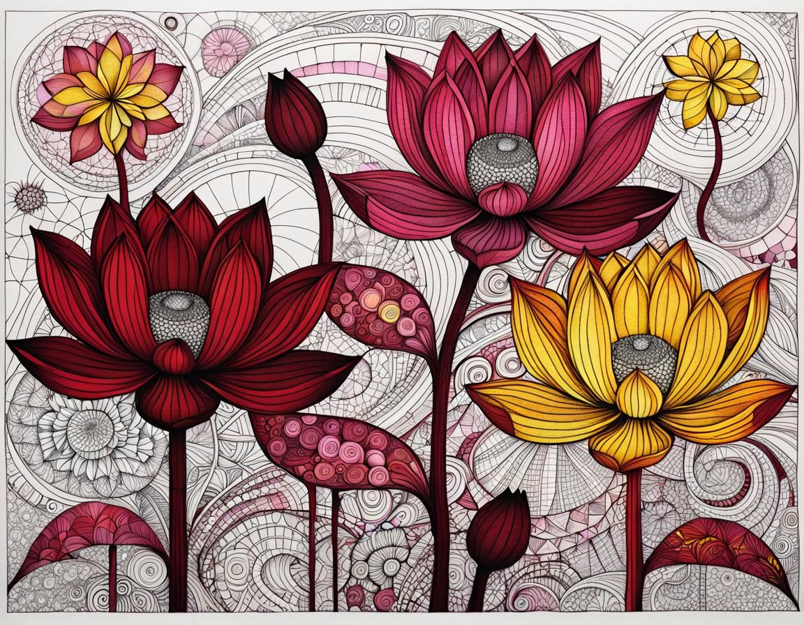 Zentangle Lotus Flowers in Red and Burgundy Tones