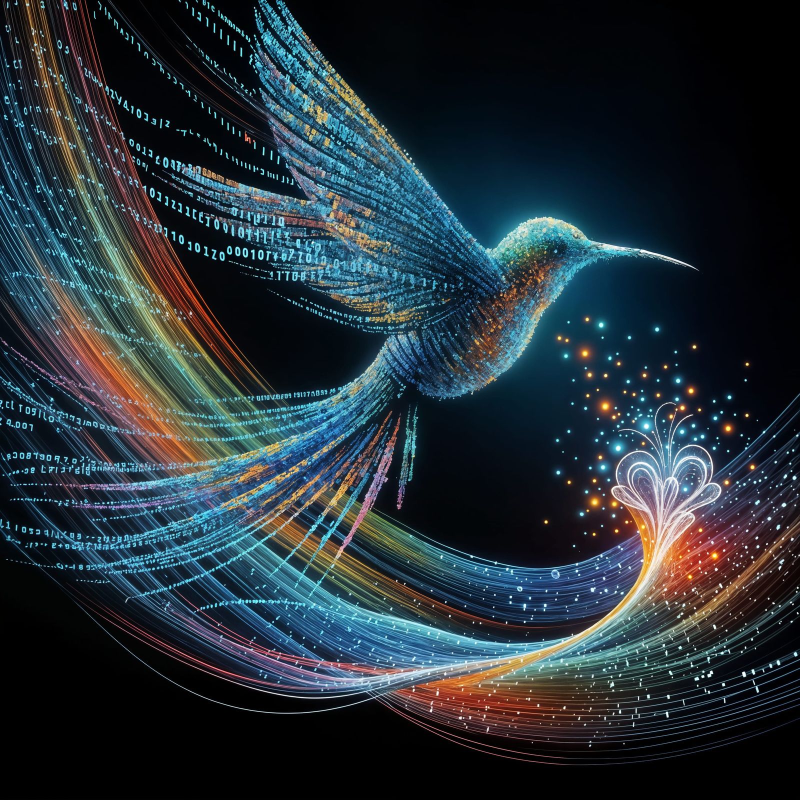 Hummingbird Silhouette Made of Multicolored Binary Code