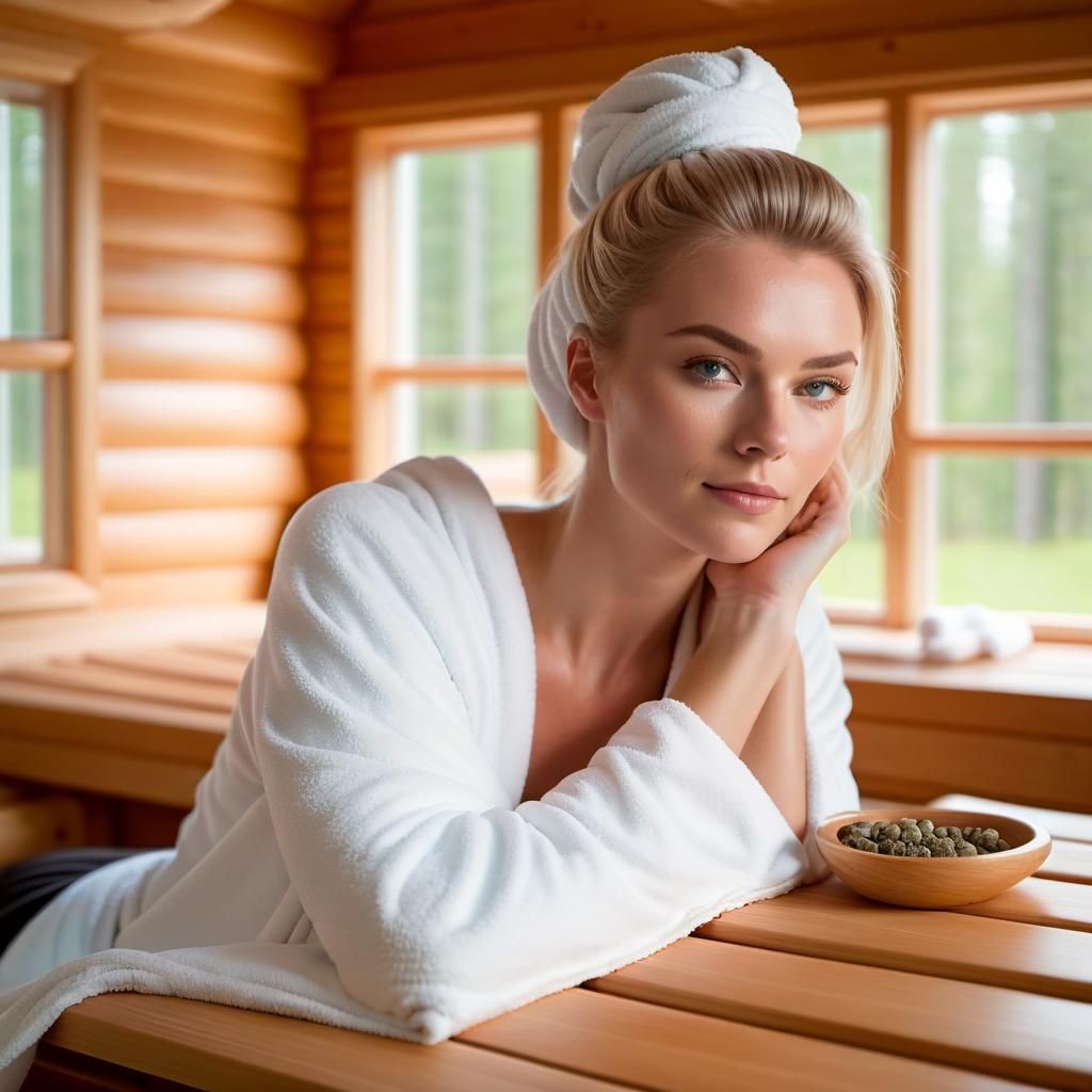 Finnish Woman Relaxing in Sauna with Icy Pool