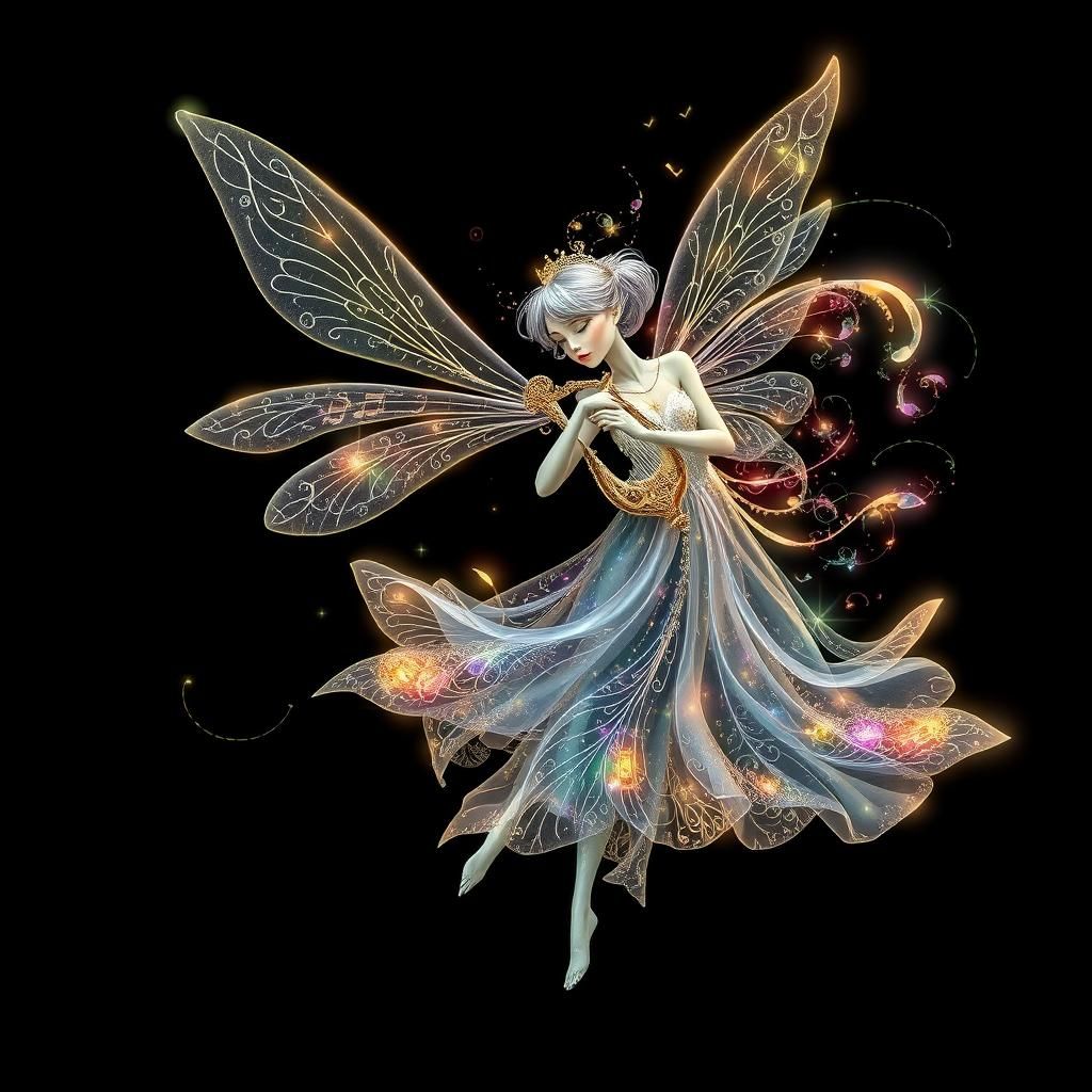 Luminous Fairy Playing Lyre with Music Notes