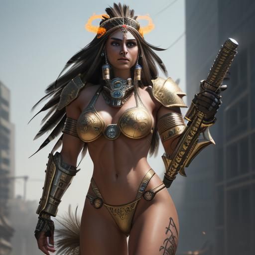 Aztec Warrior Woman with Flaming Sword in Cyberpunk Style