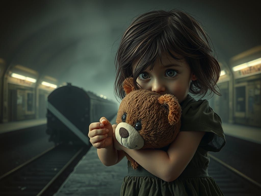 Desperate Little Girl in a Haunting, Abandoned Train Station