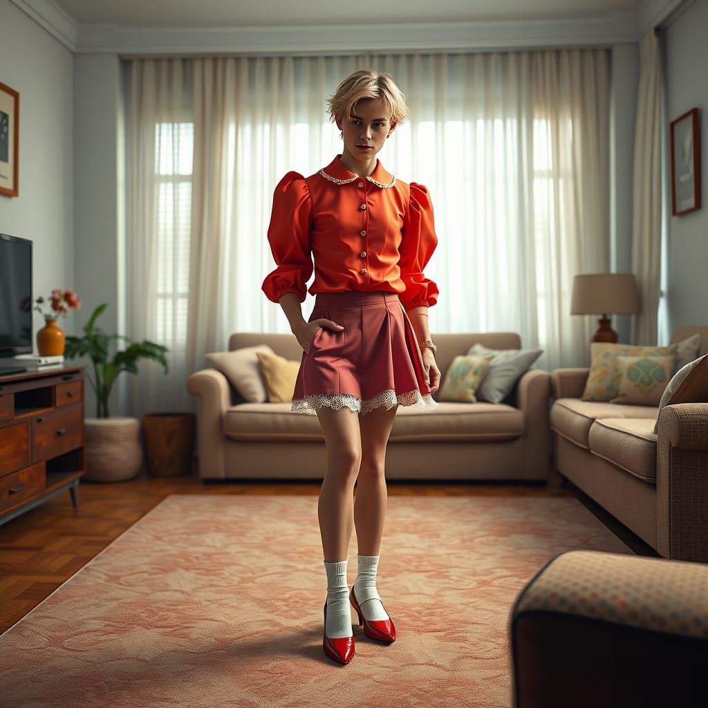 Dapper Gentleman Navigates High Heels in Whimsical Living Ro...