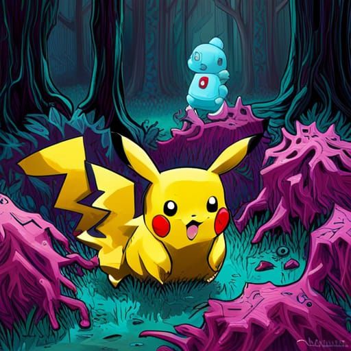 Pikachu Hiding: Graffiti Art in Forest