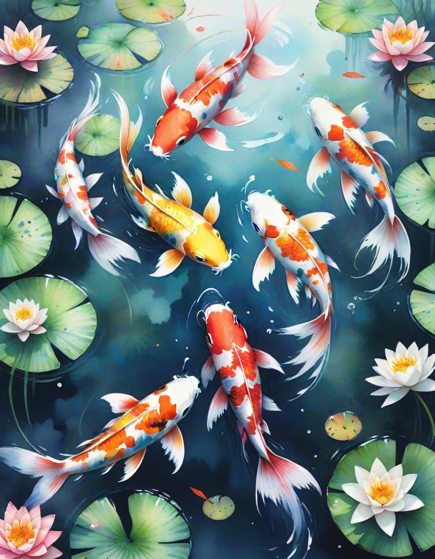 Rainbow Koi Fish in Dreamy Watercolor Pond