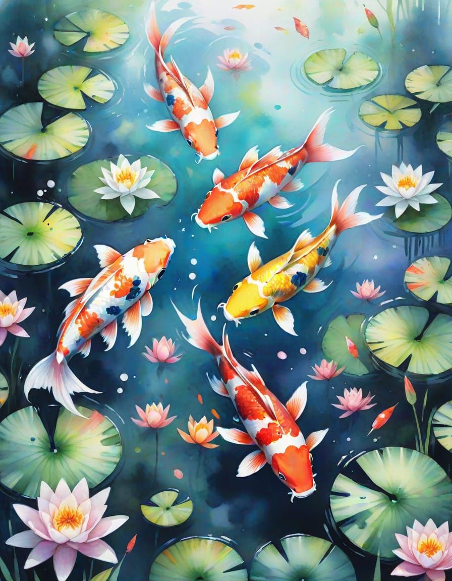 Rainbow Koi Fish in Watercolor Pond
