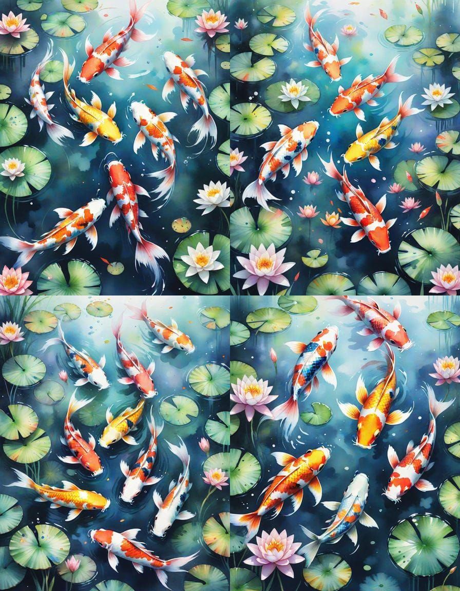 Rainbow Koi Fish in Watercolor Pond
