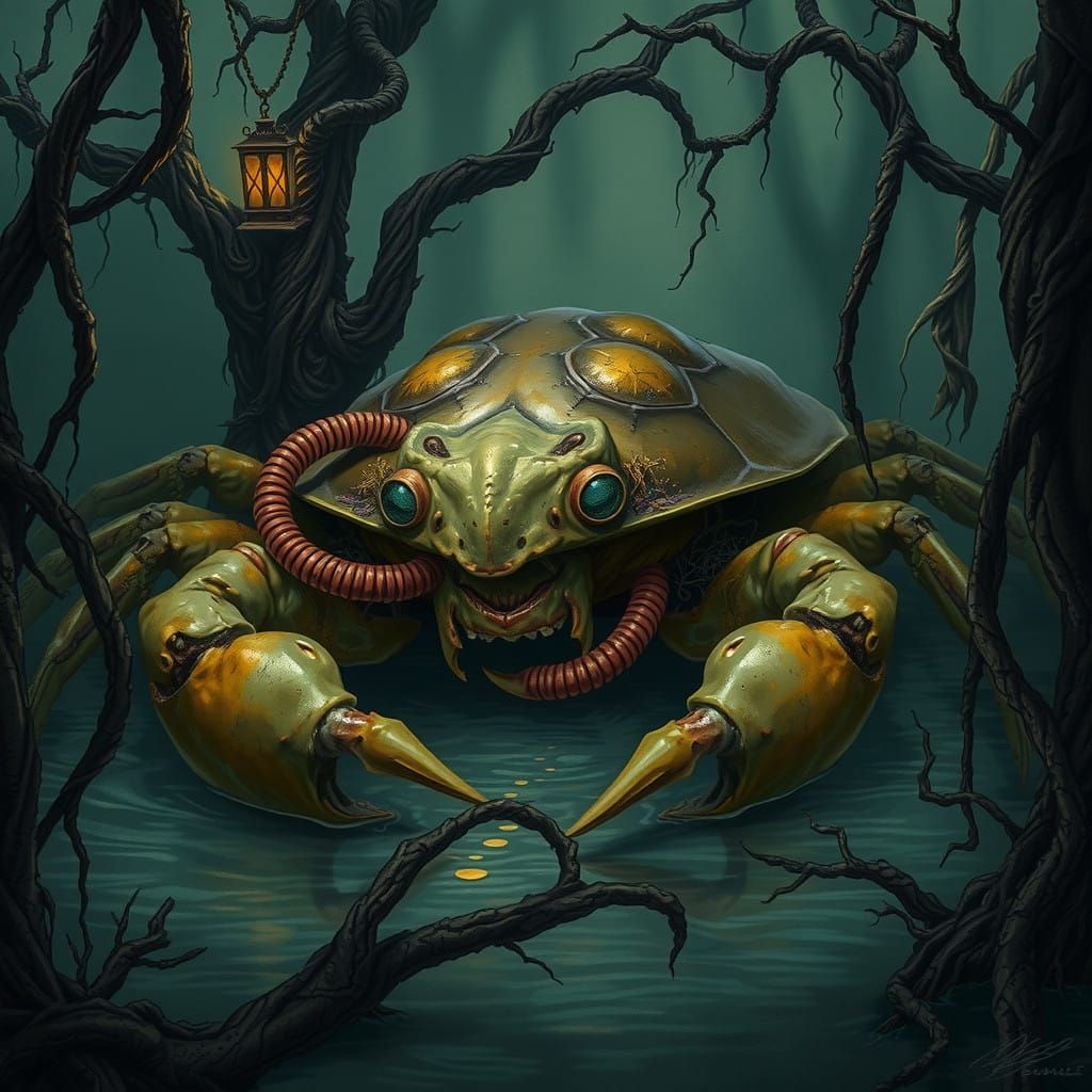 Mystical Swamp Scene with Giant Mud Crab in Fantasy Style