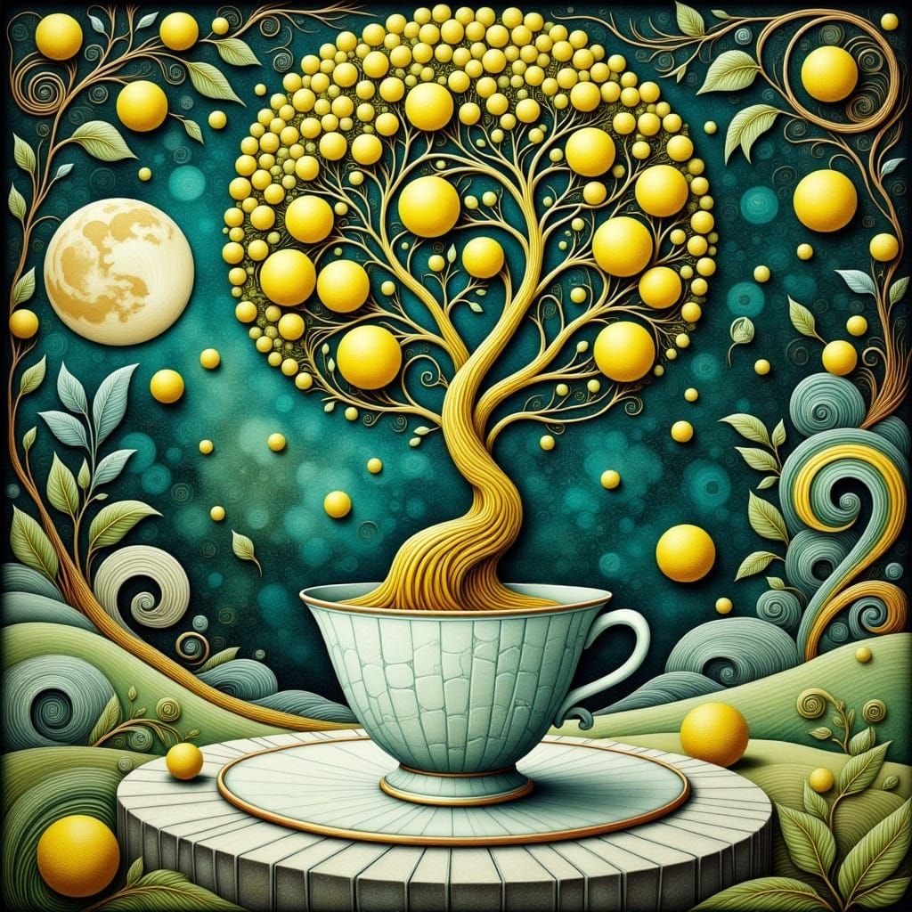 Surrealist Painting of Lemon Tree Emerging from Teacup