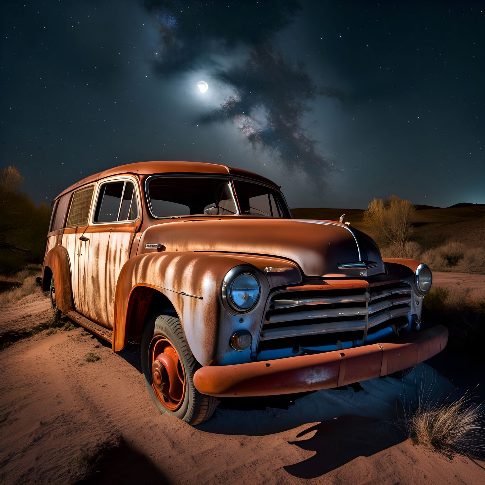 Abandoned Vehicle Under Starry Night Sky