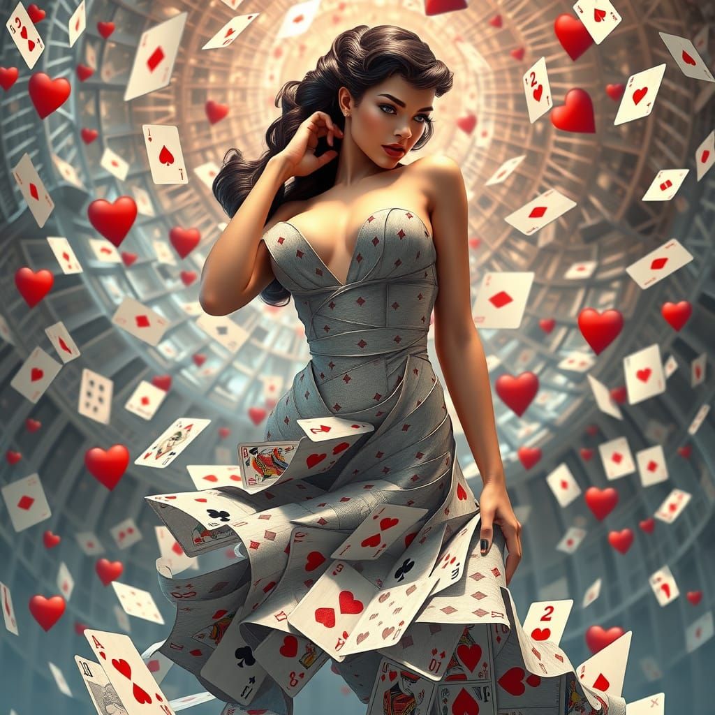 Playing Card Pin-Up Girl in Surreal Dreamscape
