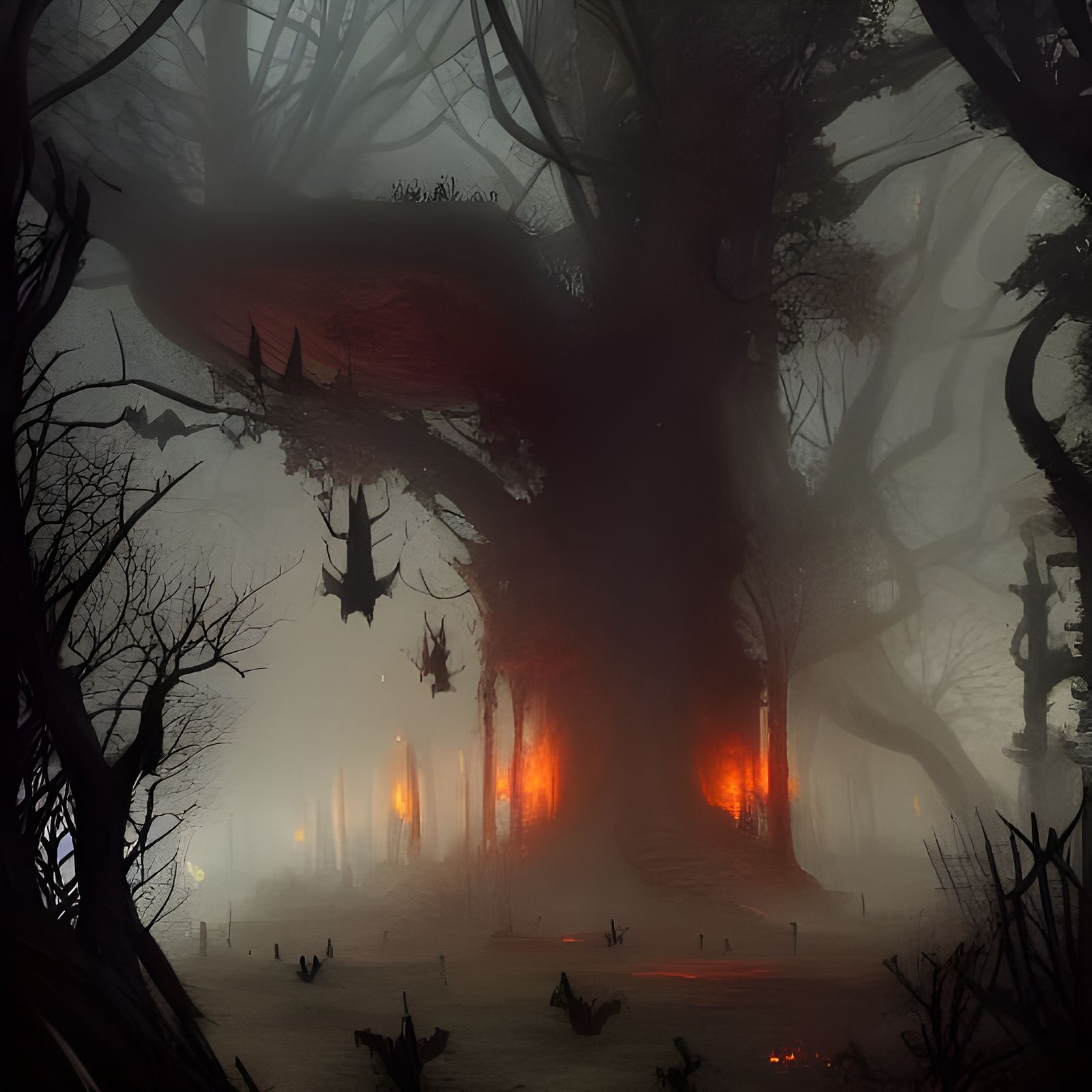 Haunted Treehouse in Cemetery: Dark Fantasy Art
