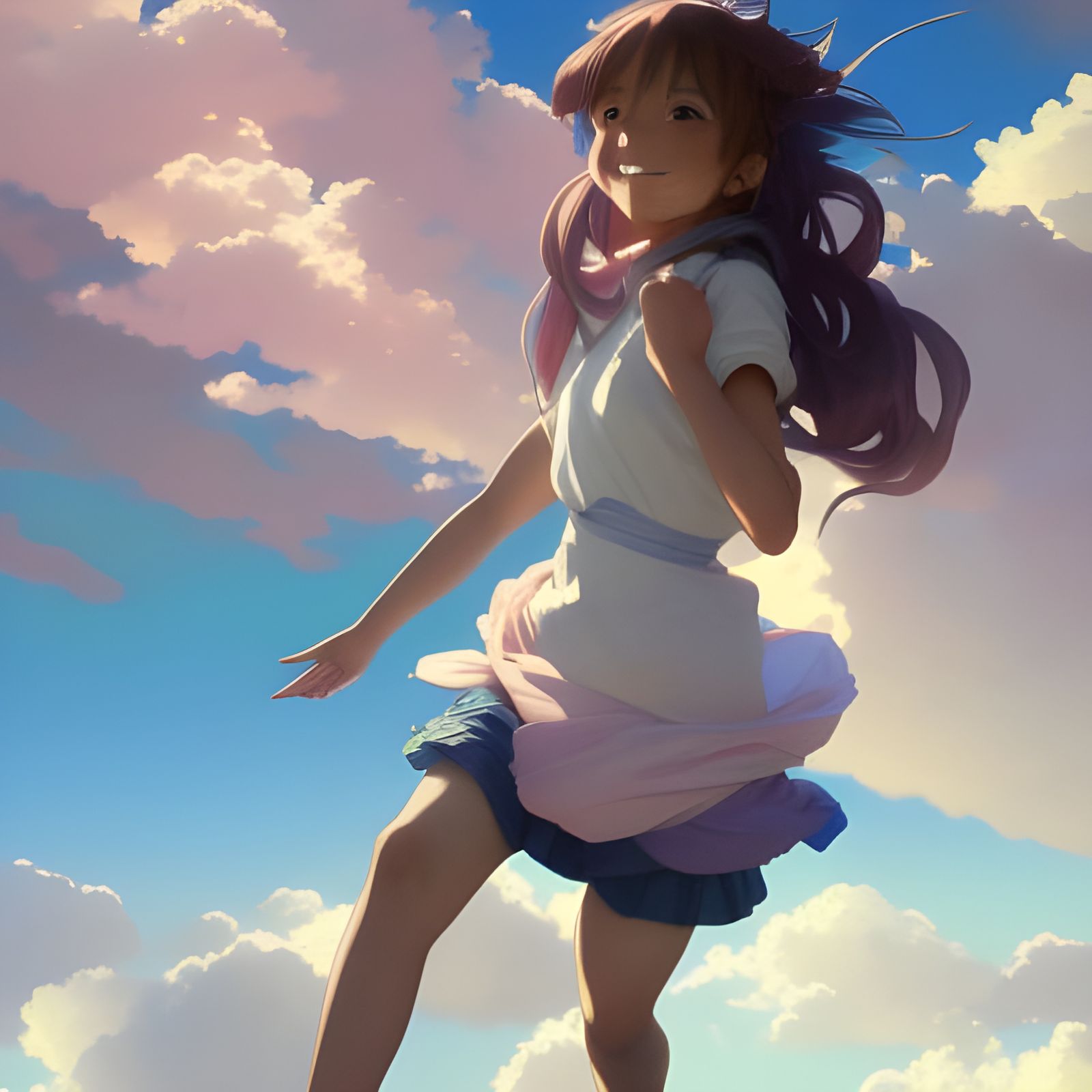 Anime Girl Running on Pastel Clouds