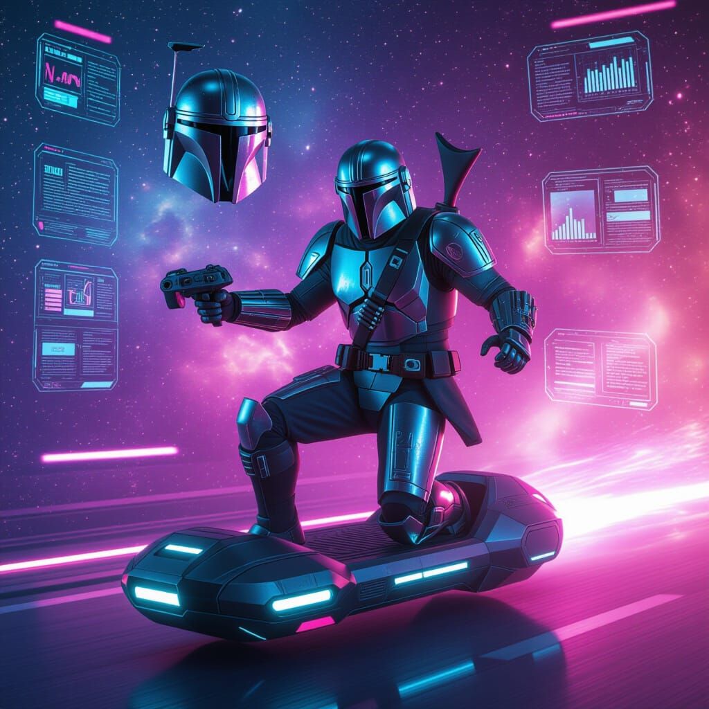 Mecha Warrior on Hoverboard in Futuristic Galaxy