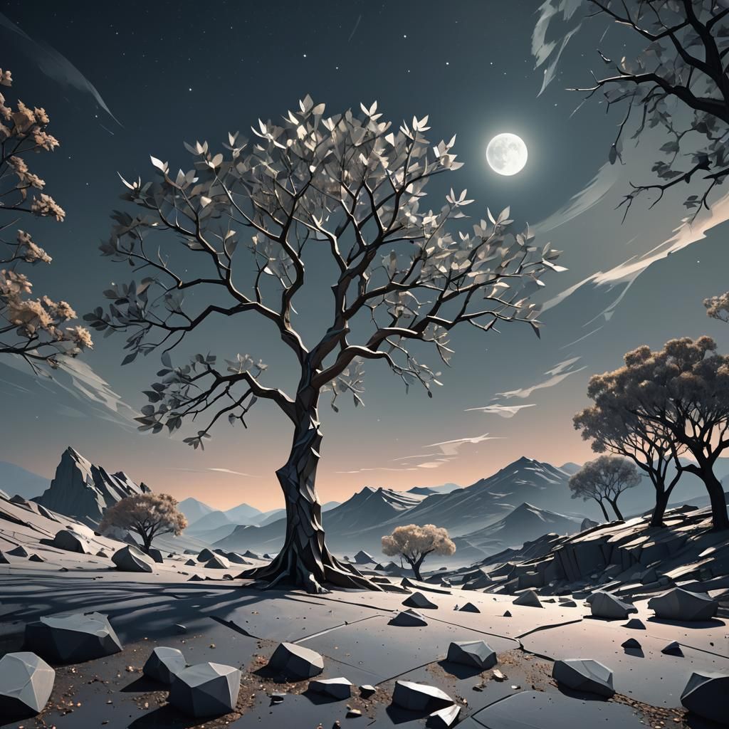 Lone Tree on the Moon in Low-Poly Style