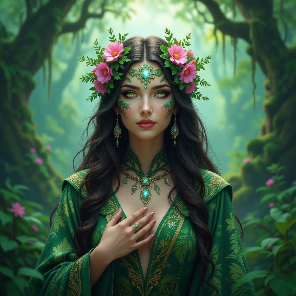 Forest Deity Portrait with Vines and Flowers