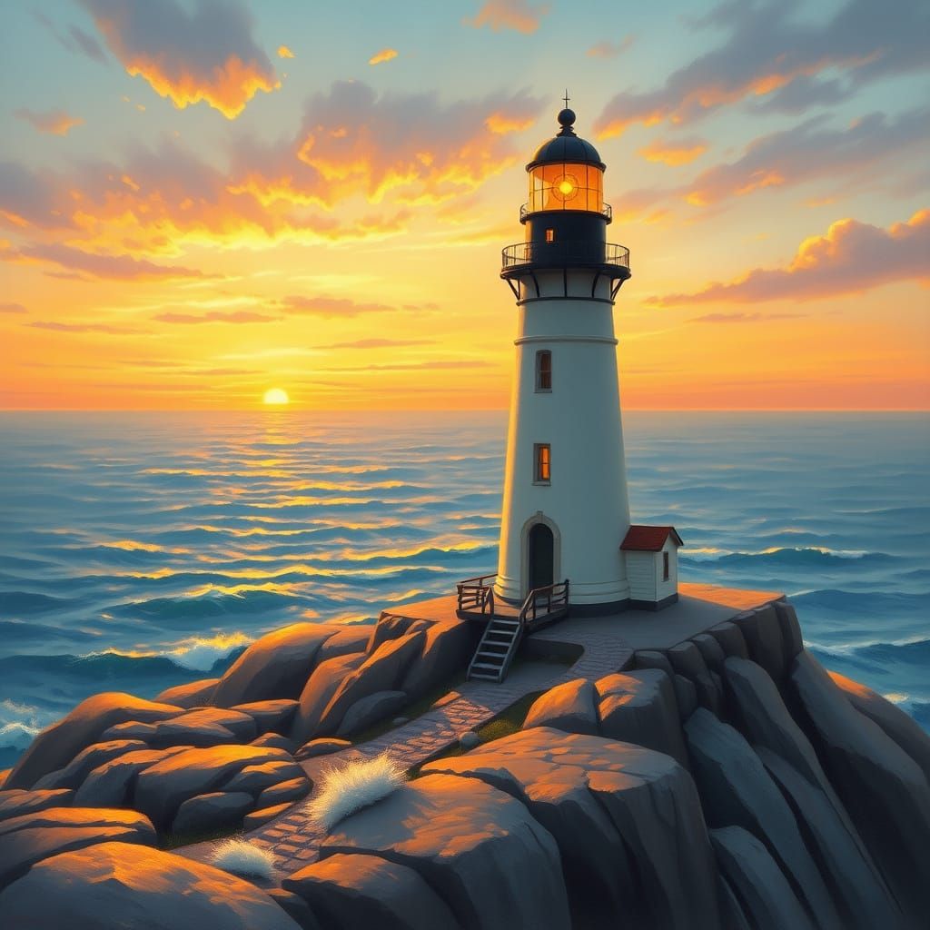 New England Lighthouse at Sunset in Luminist Style