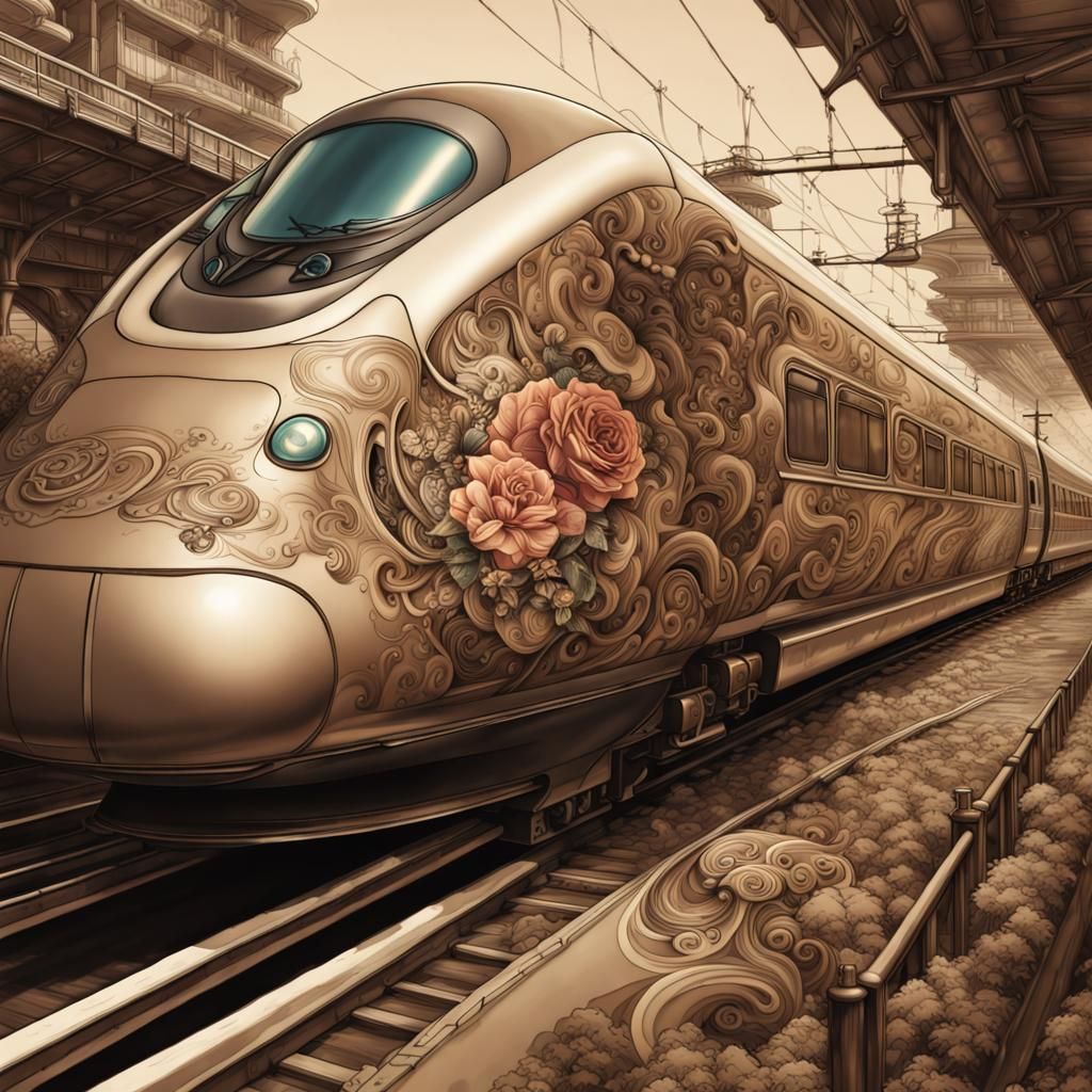 Steampunk Bullet Train with Yakuza Tattoos in Sepia Art