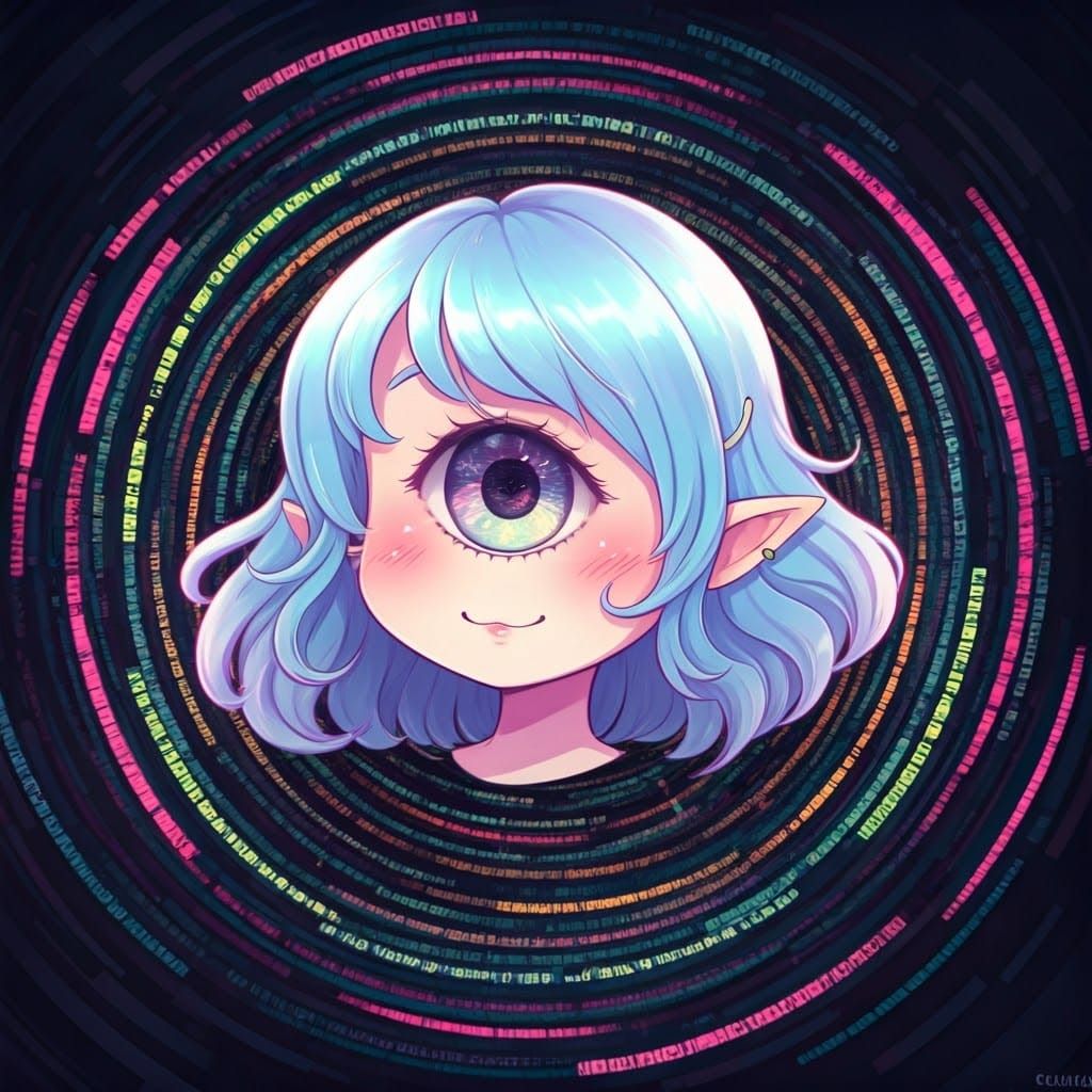 Cyclops Girl Surrounded by Glitchy Cyberpunk Code
