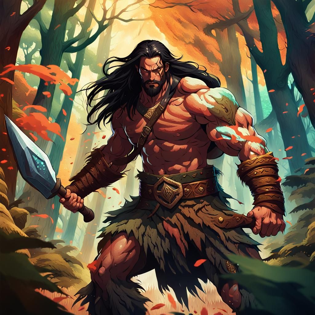Barbarian Resists Magic Attack in Enchanted Forest