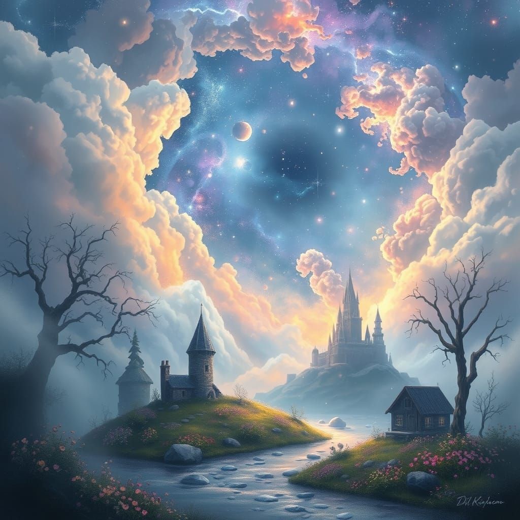 Whimsical Fantasy Universe in Ethereal Mist