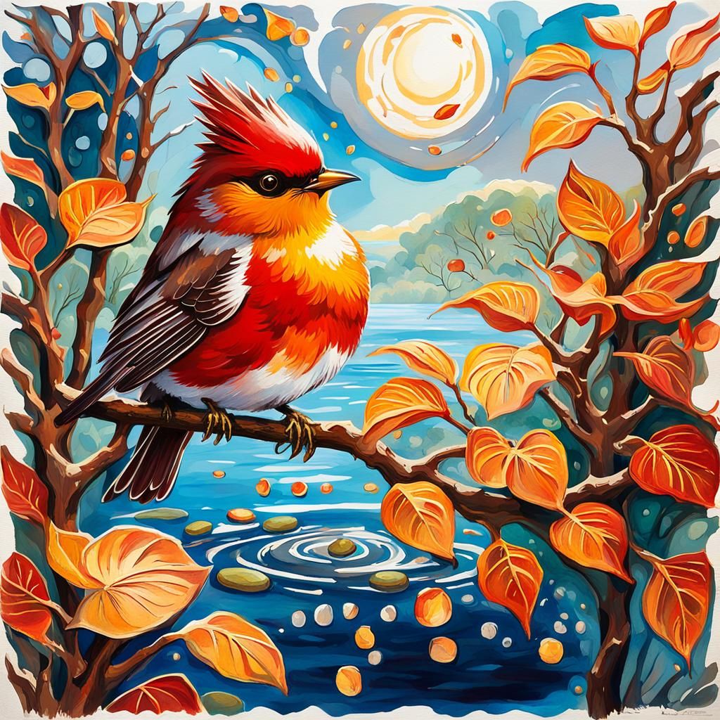 Crimson Robin on Elder Branch: Gouache Impressionism
