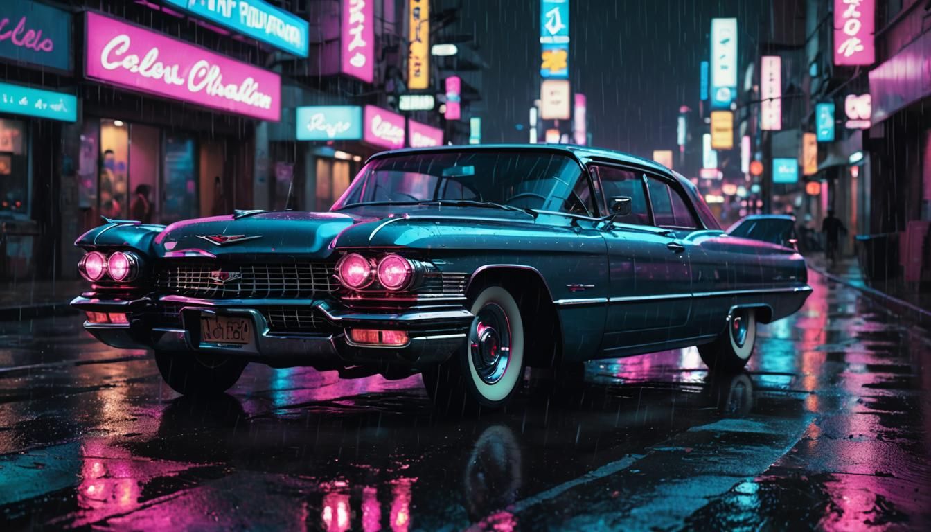 1958 Cadillac in Neon Noir Synthwave Style