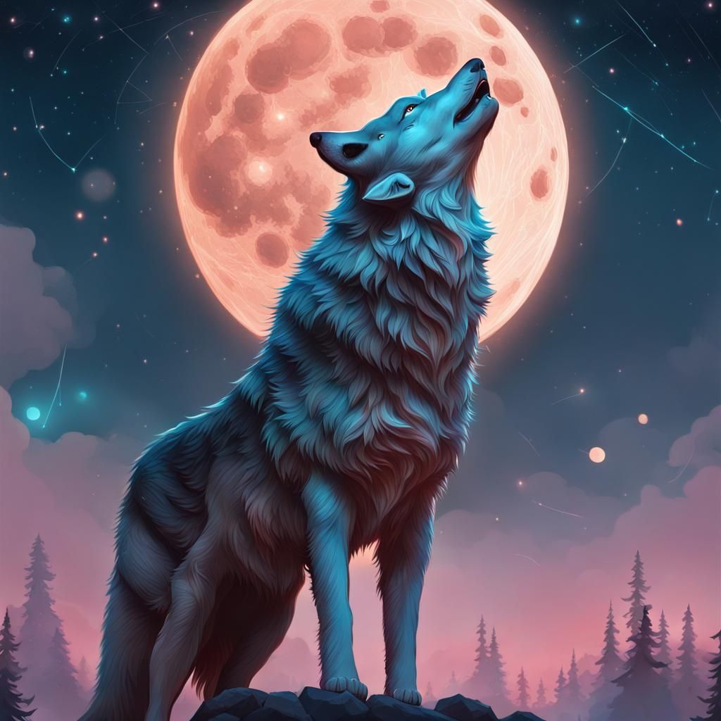 Moonlit Sky with Howling Wolves, Digital Art