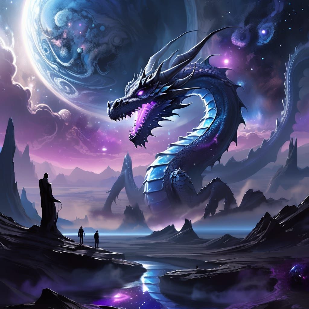 Cosmic Dragon Descends on Alien Planet in Surreal Digital Pa...