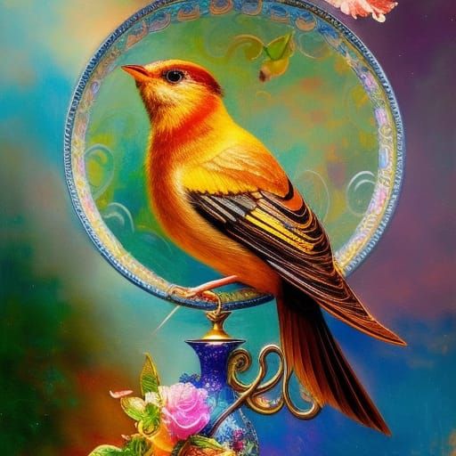 Jeweled Canary in Teacup: Fantasy Digital Art