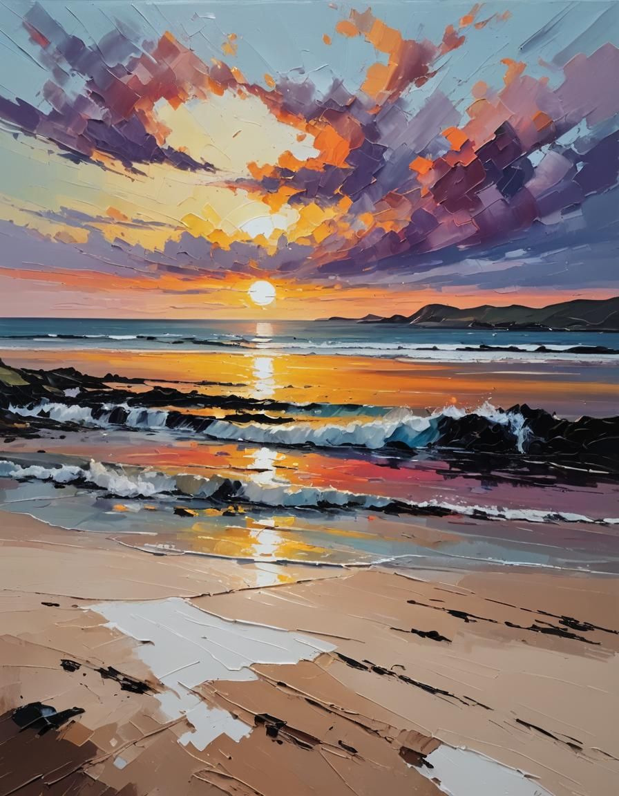 Scottish Beach Sunset in Impasto Style