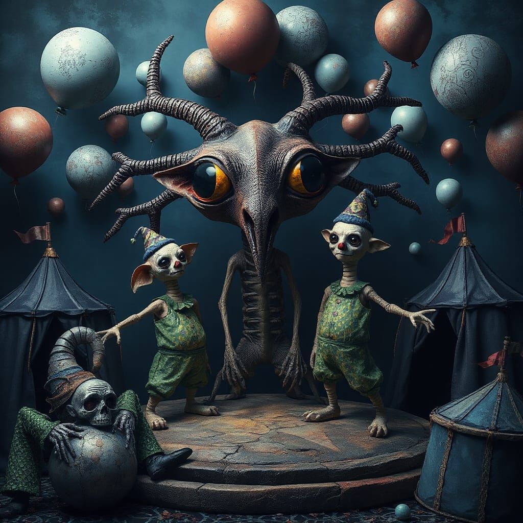 Macabre Circus with Strange Animals and Odd Clowns