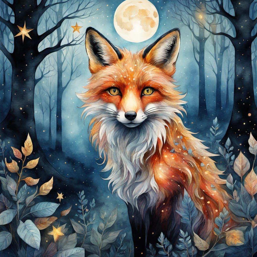 Whimsical Fox in Enchanted Forest, Folk Art Style