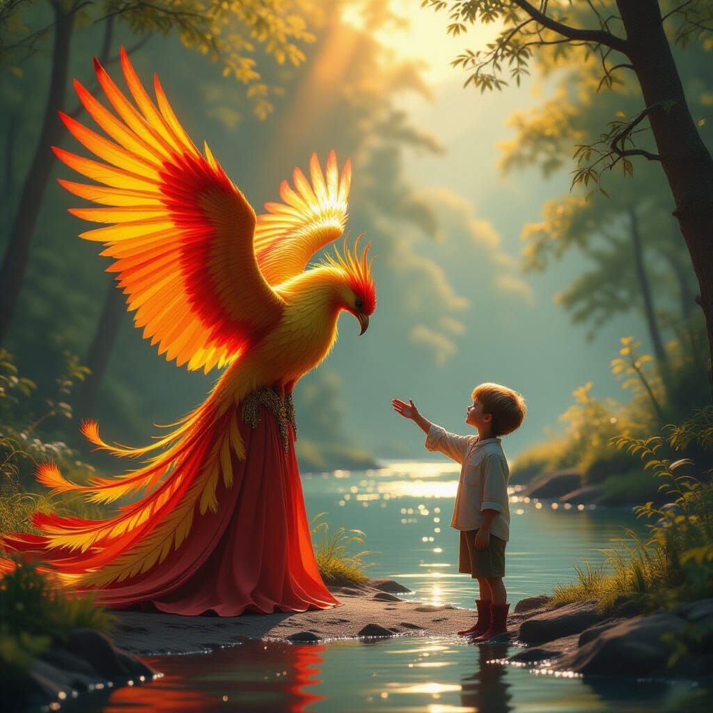Radiant Firebird Greets Boy by Forest River