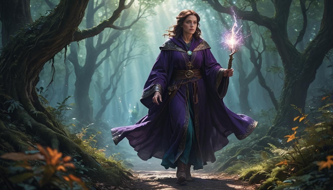 Auburn Sorceress in Mystical Woodland: D&D Art