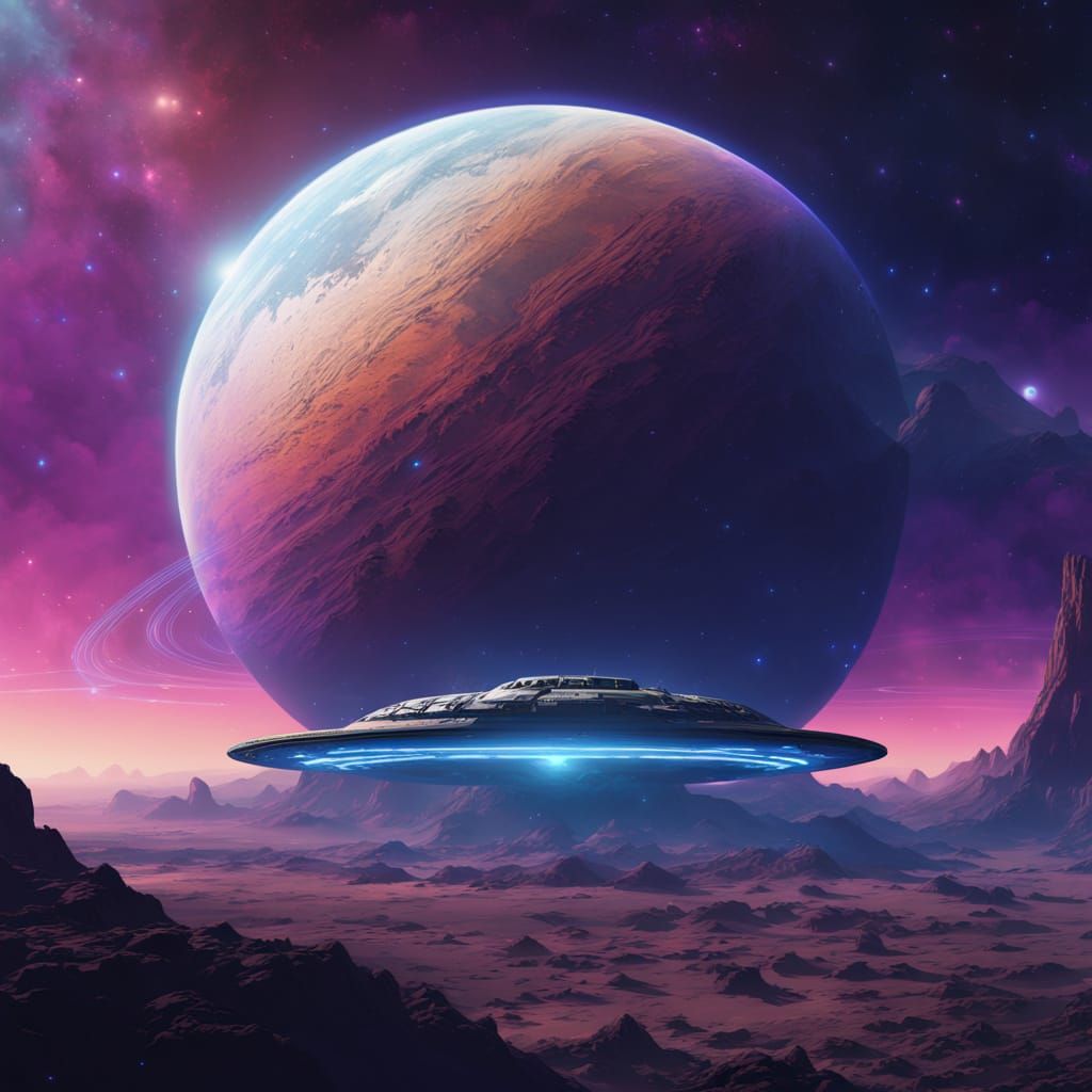 Majestic Starship Lands on Rocky Planet Amidst Celestial Won...