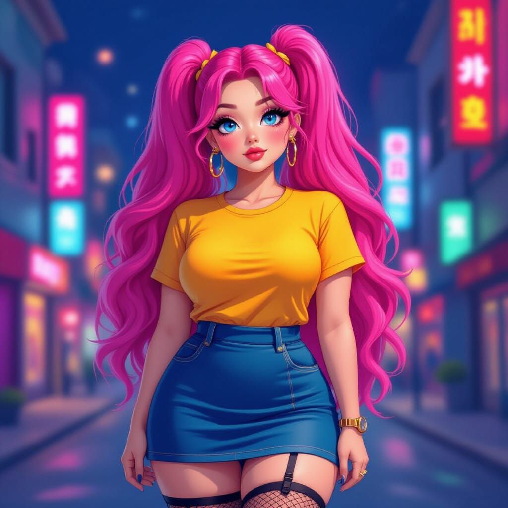 Pink-Haired Woman in Night Seoul, Pop Surrealism