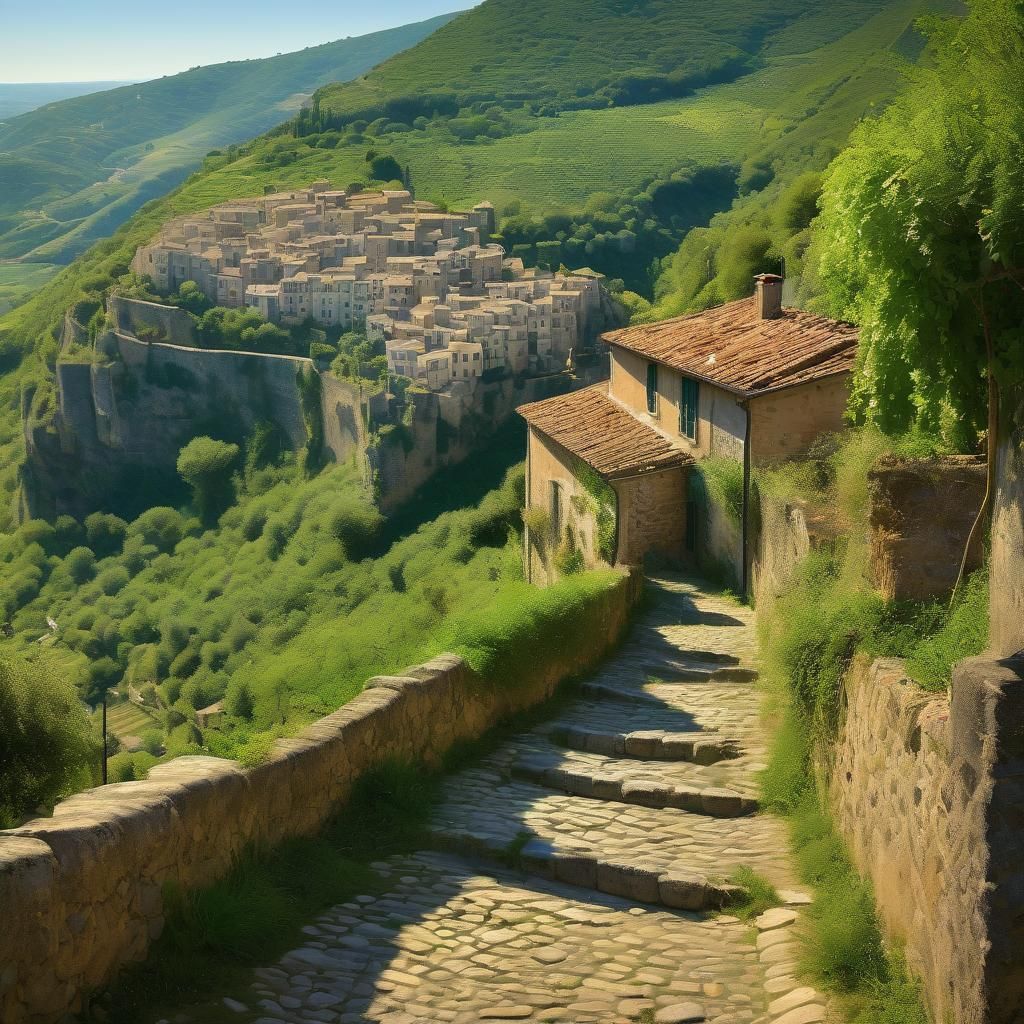 Calcata Village on Volcanic Cliff: Impressionistic Italian L...